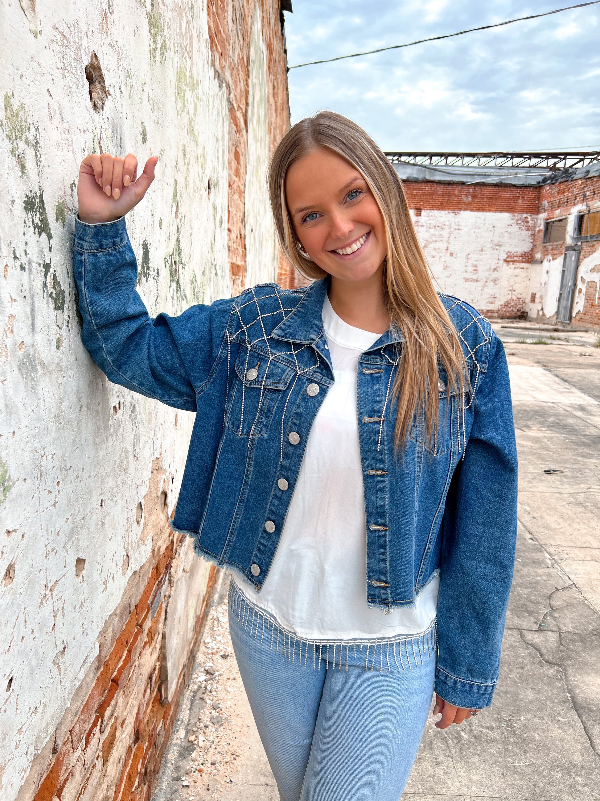 Elsie Rhinestone Chain Detailed Yoke Denim Jacket-Tank Top-Vocal-Max Retail,not on the floor only in totes,western & concert,Winter Tote T4-The Twisted Chandelier