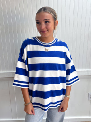 Baylor Stripe Knit Oversized Top - Blue-Top-Sewn and Seen-FD 08/26/26,gameday,NewArrival,Tops Collection-The Twisted Chandelier
