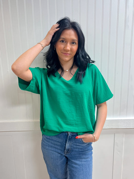 Brynn Woven Airflow V-Neck Short Sleeve Top - Kelly Green-ZENANA-FD 03/12/26,Tops Collection-The Twisted Chandelier