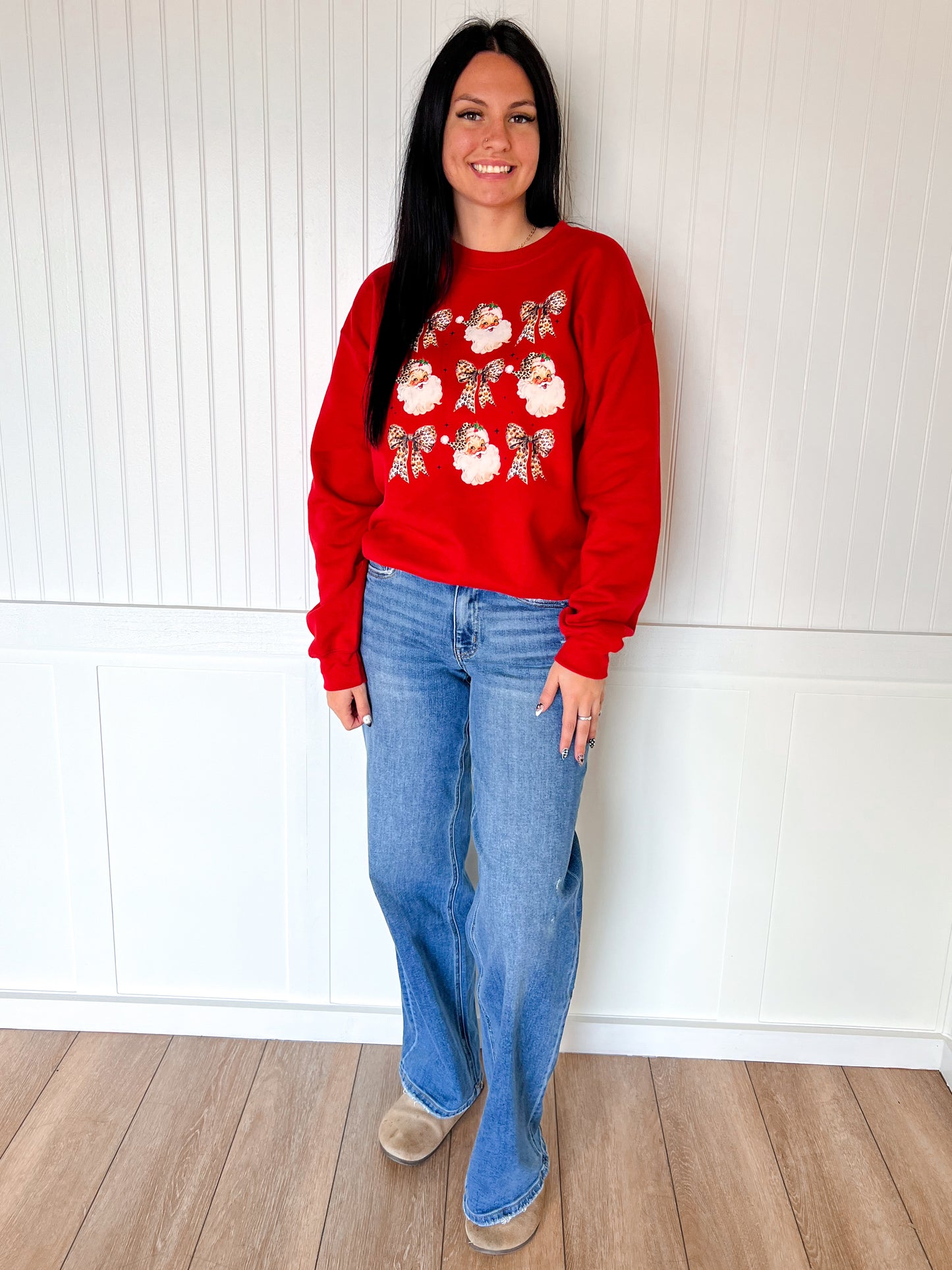 Leopard Bow Santa Design Sweatshirt-Top-This Wild Life Wholesale-OGP 54.99,Tops Collection-The Twisted Chandelier