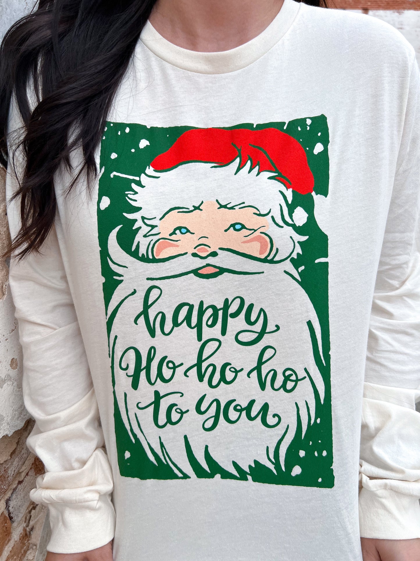 Happy Ho Ho Ho Natural Long Sleeve-Long Sleeve Top-small town society-$25 & Under Sale,Christmas tote ct1,Max Retail,Tops Collection-The Twisted Chandelier
