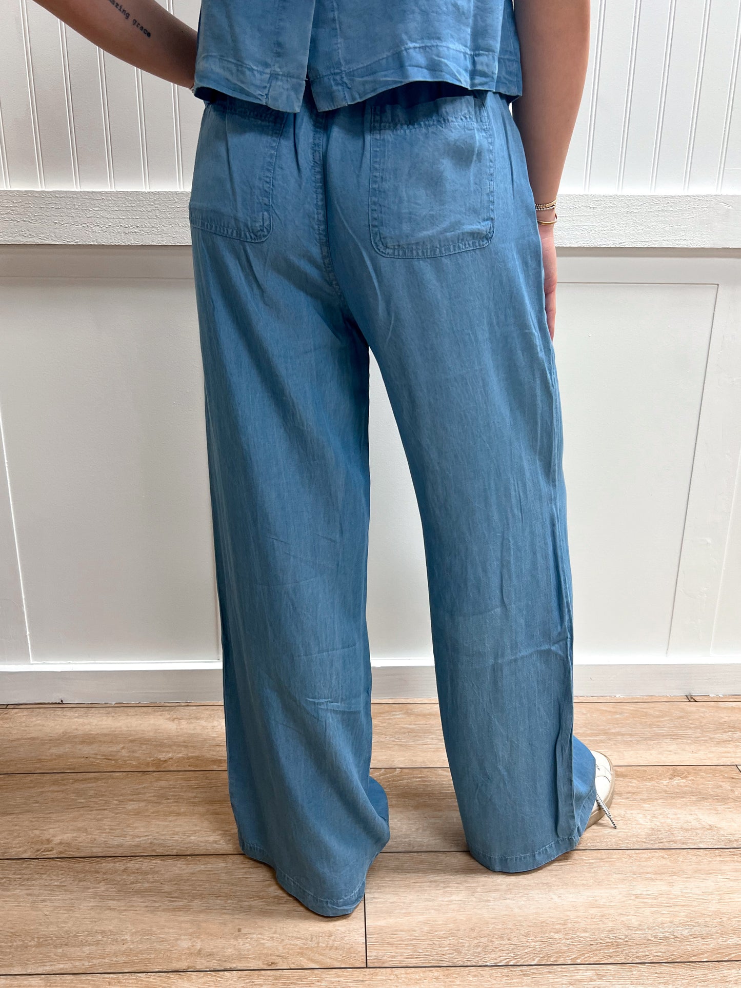 Hadley Chambray Drawstring Wide Leg Lounge Pants-Blu Pepper-bottoms,CR2967,FD 03/12/26-The Twisted Chandelier