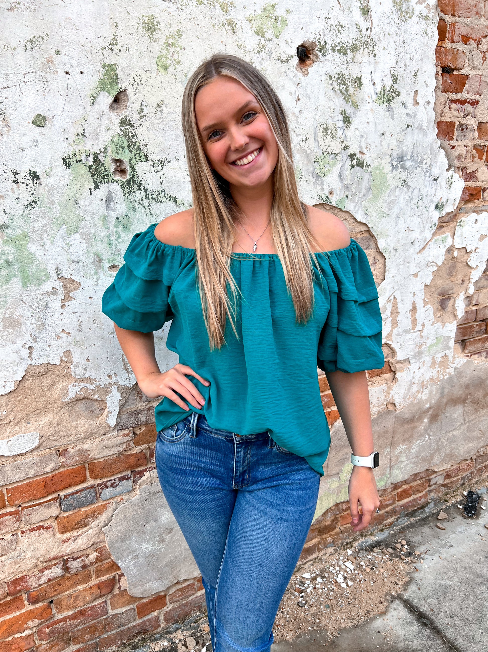 Aubriella Pleated Boxy Cut Round Neck Top with 1/2 Puff Short Sleeves-Top-Umgee-b8678,FD 11/26/24,Tops Collection-The Twisted Chandelier