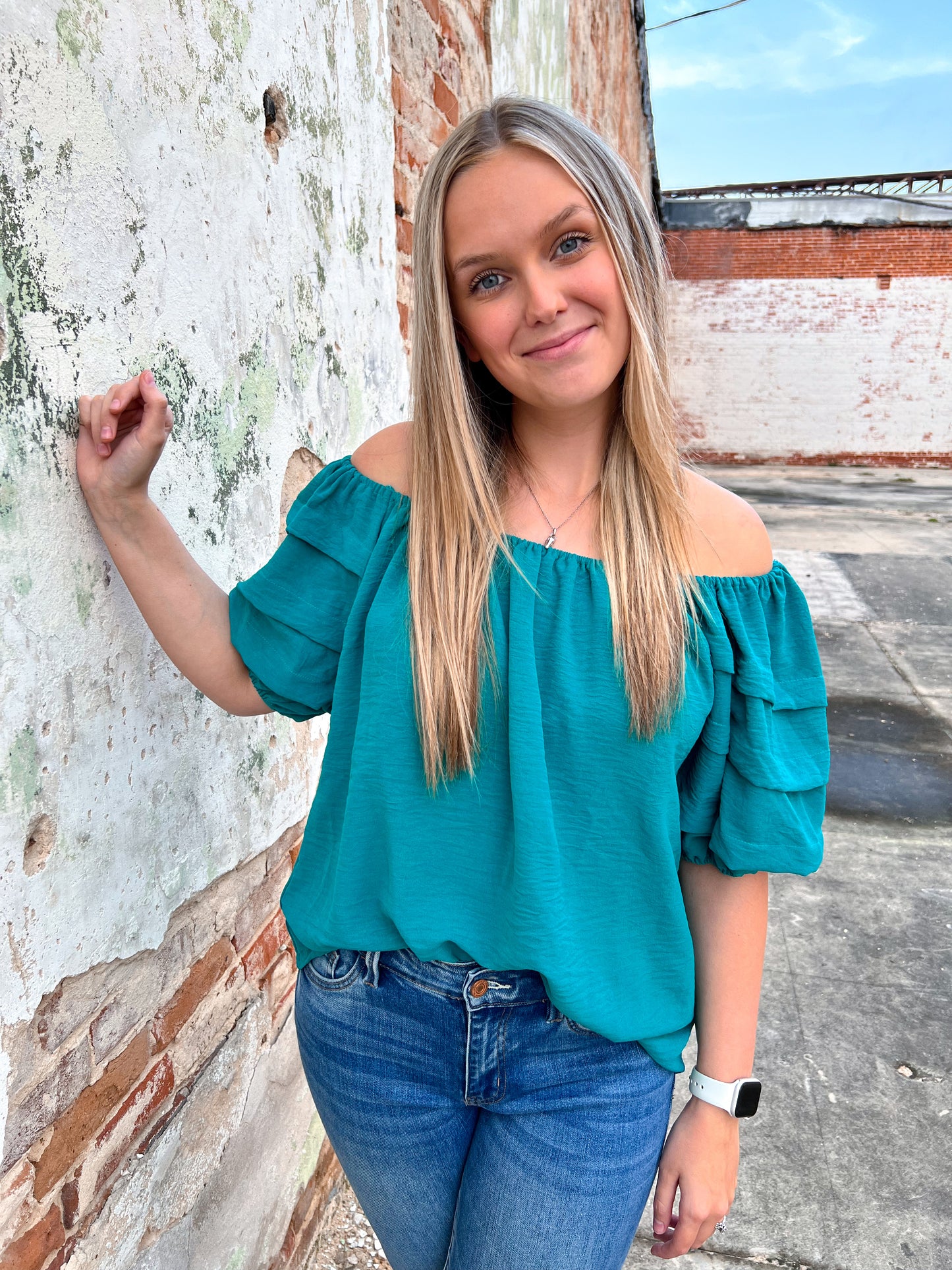 Aubriella Pleated Boxy Cut Round Neck Top with 1/2 Puff Short Sleeves-Top-Umgee-b8678,FD 11/26/24,Tops Collection-The Twisted Chandelier