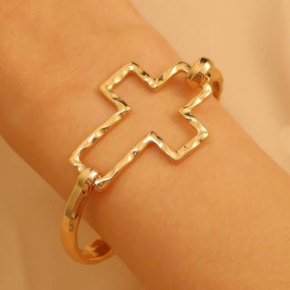 Hammered Open Cross Bangle - Silver or Gold | 40B5235-JOSSLYN by wall to wall-Gold-The Twisted Chandelier