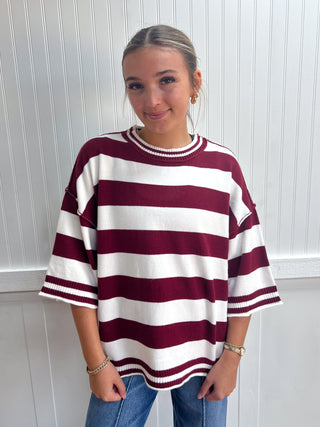 Baylor Stripe Knit Oversized Top - Maroon-Top-Sewn and Seen-Fall Favorites,FD 08/26/26,gameday,NewArrival,Tops Collection-The Twisted Chandelier