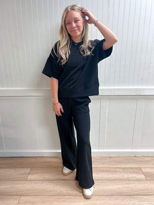Jovie Ribbed Round Neck Tee & Pants Set – Soft Knit Two-Piece Lounge Outfit - Black-Outfit Sets-Zenana-FD 03/12/26-The Twisted Chandelier