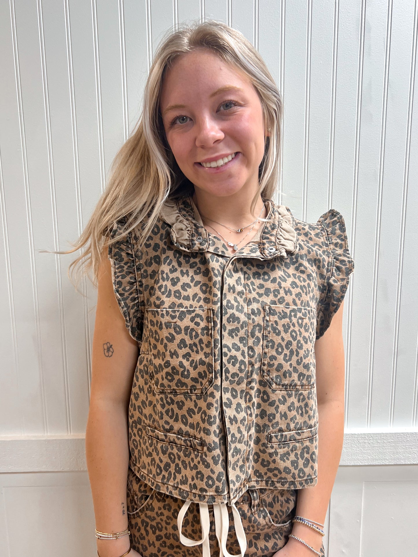 Monroe Ruffle Shoulder Leopard Printed Vest-NOABOA-FD 02/27/26,MS1025-1,Tops Collection-The Twisted Chandelier