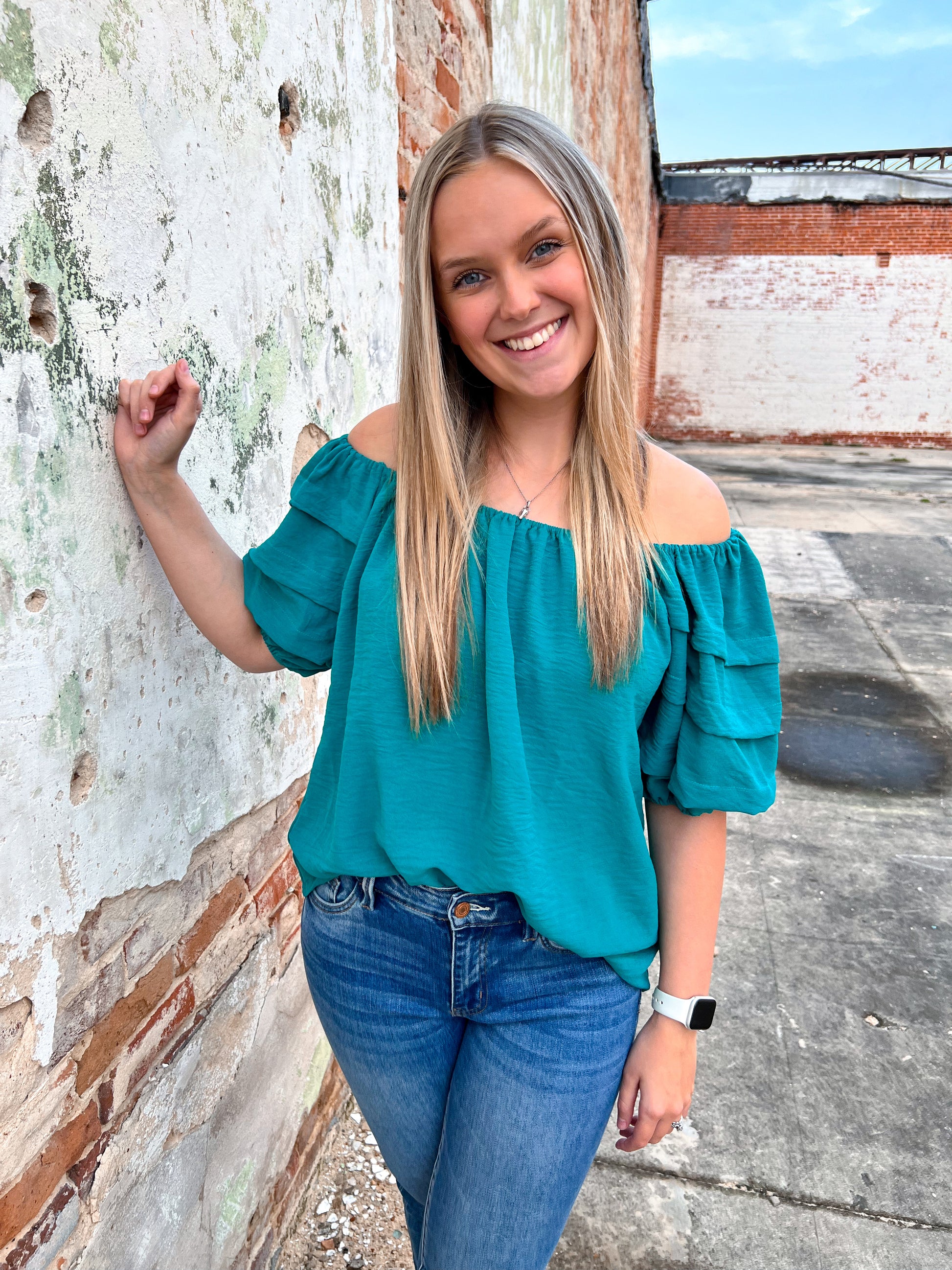 Aubriella Pleated Boxy Cut Round Neck Top with 1/2 Puff Short Sleeves-Top-Umgee-b8678,FD 11/26/24,Tops Collection-The Twisted Chandelier