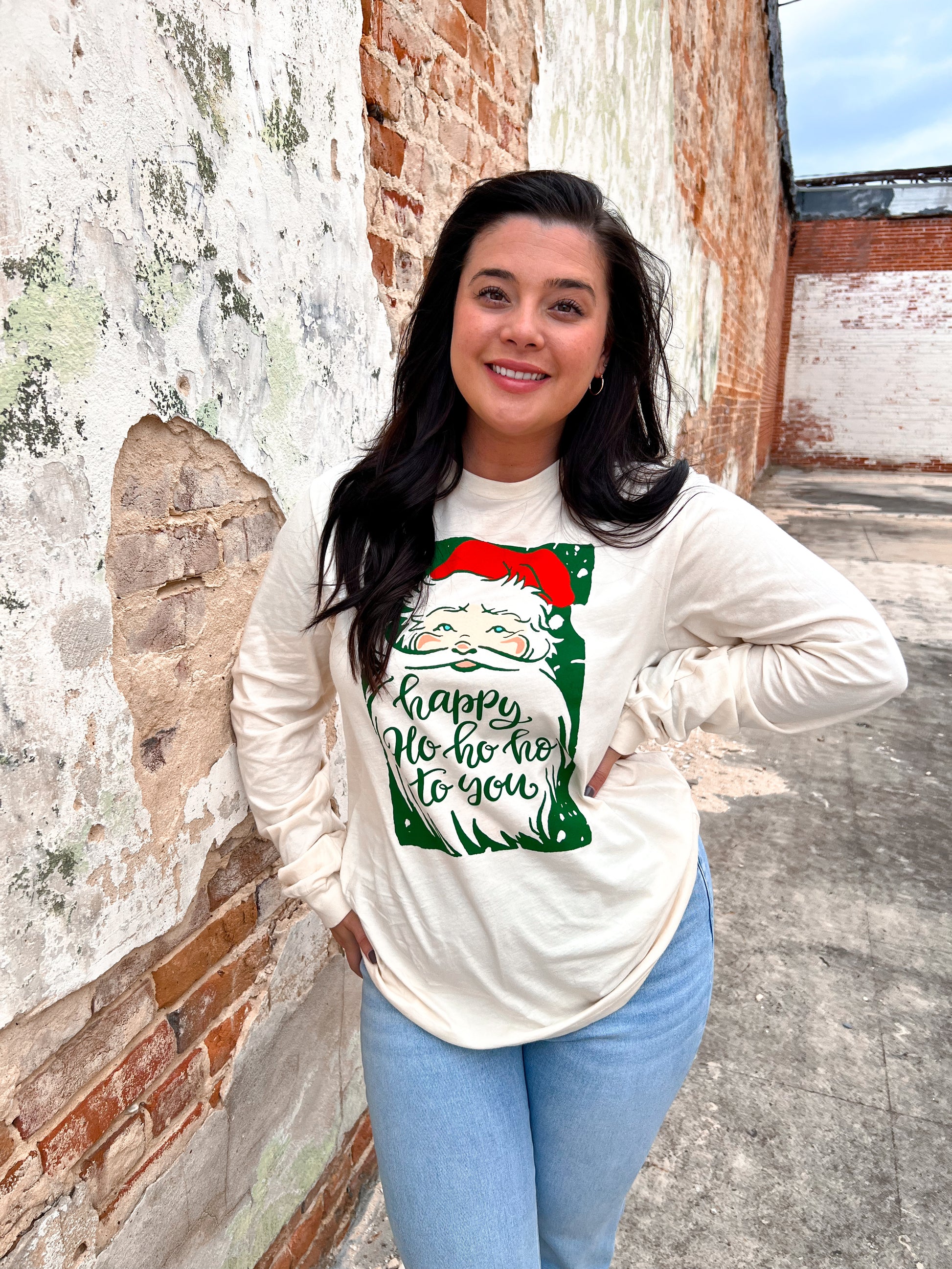 Happy Ho Ho Ho Natural Long Sleeve-Long Sleeve Top-small town society-$25 & Under Sale,Christmas tote ct1,Max Retail,Tops Collection-The Twisted Chandelier
