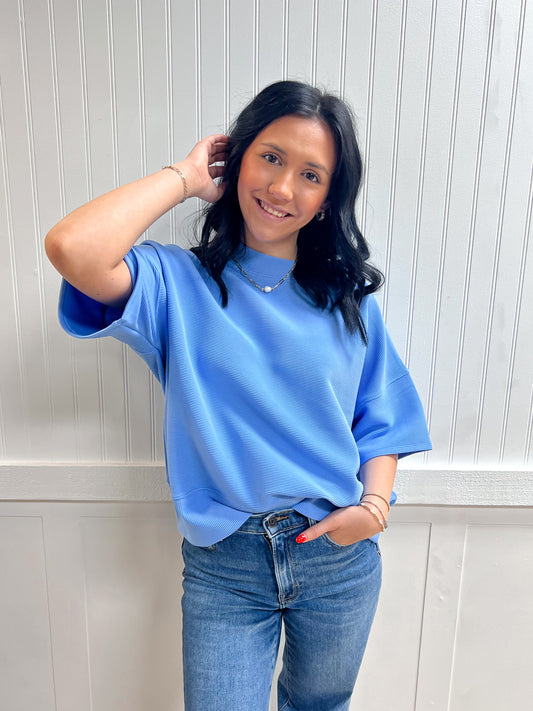 Kinsley Ribbed Round Neck Waist Banded Tee Shirts - Cornflower Blue-Zenana-FD 03/12/26,Tops Collection-The Twisted Chandelier