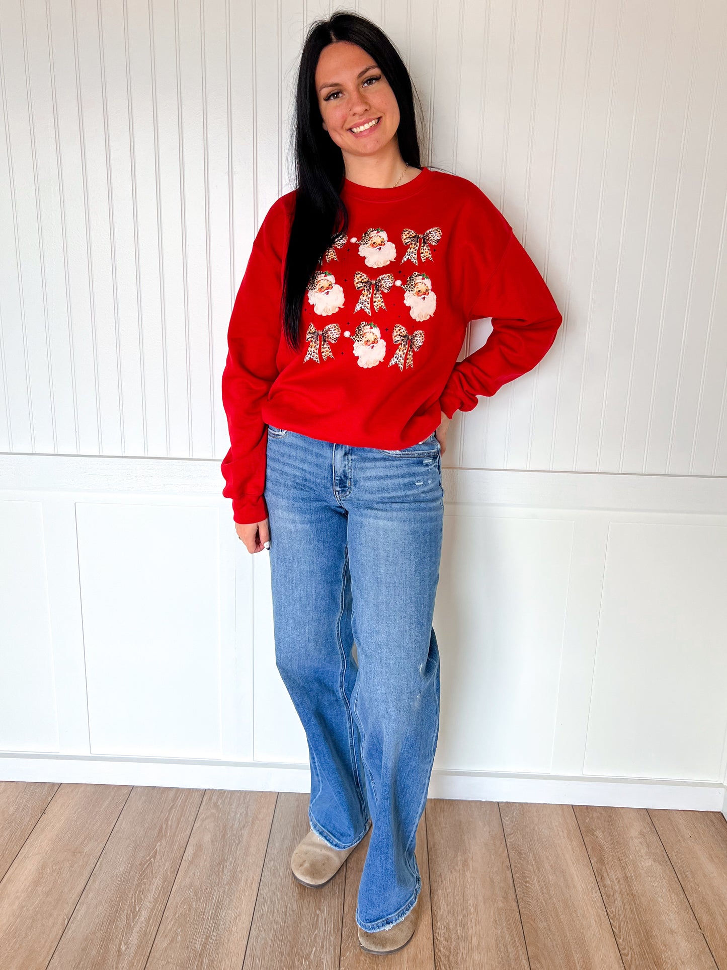 Leopard Bow Santa Design Sweatshirt-Top-This Wild Life Wholesale-OGP 54.99,Tops Collection-The Twisted Chandelier