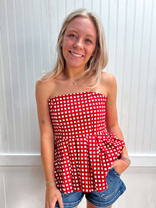 Palmer Checkered Strapless Peplum Top-Shirts & Tops-ENTRO-FD 04/20/26,RWB,Tops Collection-The Twisted Chandelier