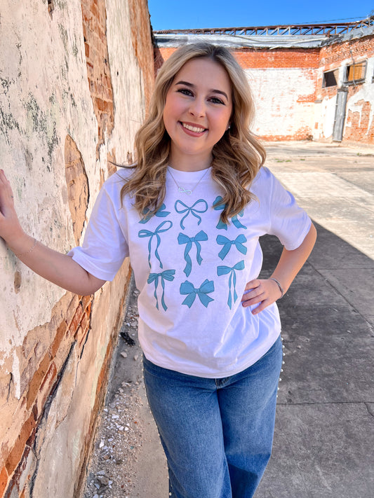 Blue Bow Graphic Tee-Apparel & Accessories-Bling-A-Gogo-08/18/24,11/11/24,1st md,Max Retail,OGP 34.99,Tops Collection-The Twisted Chandelier
