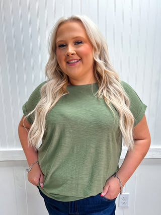 Addie Slub Cuffed Sleeve Tee - Plus - Olive-Top-ZENANA-Fall Favorites,Tops Collection-The Twisted Chandelier