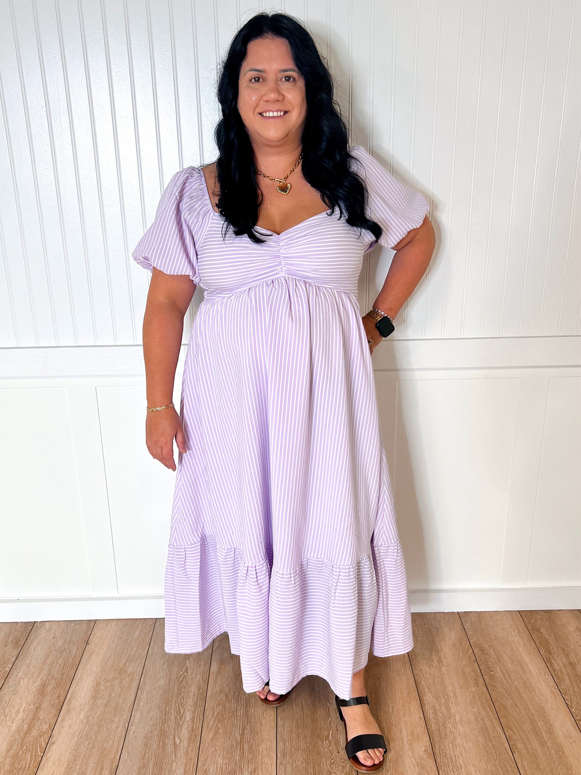 Emily Sweetheart Neck Striped Midi Dress With Smocked Back - Lavender-Dresses-in february-05/14/25,1st md,BIN D3,DJR,dress,FD 03/18/25,OGP 69.99-The Twisted Chandelier