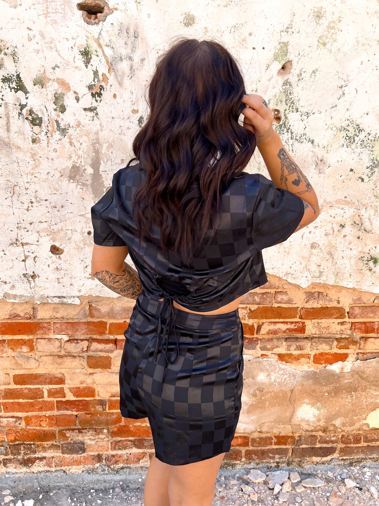 Angela Black Checkered Satin Shorts-Shorts-en:semble-05/15/24,08/23/24,1st md,5/16,Bin D1,bottoms,Max Retail,S9042P,S9042T-The Twisted Chandelier