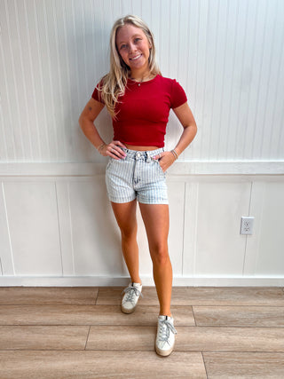 Landry Light Wash High Rise Stripe Denim Shorts-Denim Shorts-Kan Can USA-bottoms,KC9378L-The Twisted Chandelier
