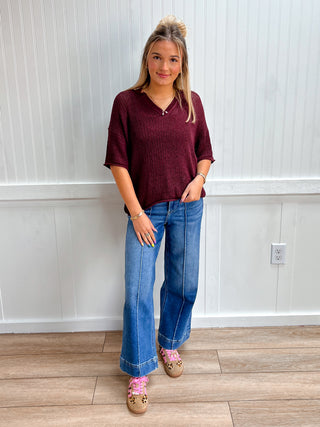 Maeve Split Neck Short Sleeve Sheer Crochet Knit Top-Top-Blu Pepper-Fall Favorites,gameday,NewArrival,Tops Collection-The Twisted Chandelier