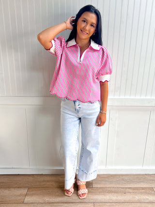 Caroline Gingham Short Puff Sleeve Top-Top-Entro-FD 06/17/26,Tops Collection-The Twisted Chandelier