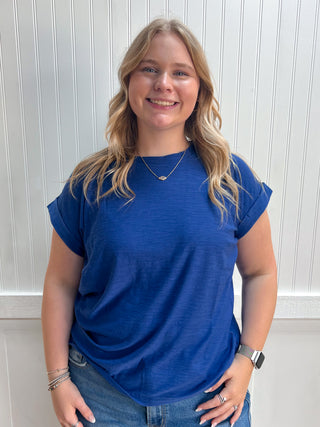 Addie Slub Cuffed Sleeve Tee - Navy-Top-ZENANA-FD 08/03/26,gameday,Tops Collection-The Twisted Chandelier