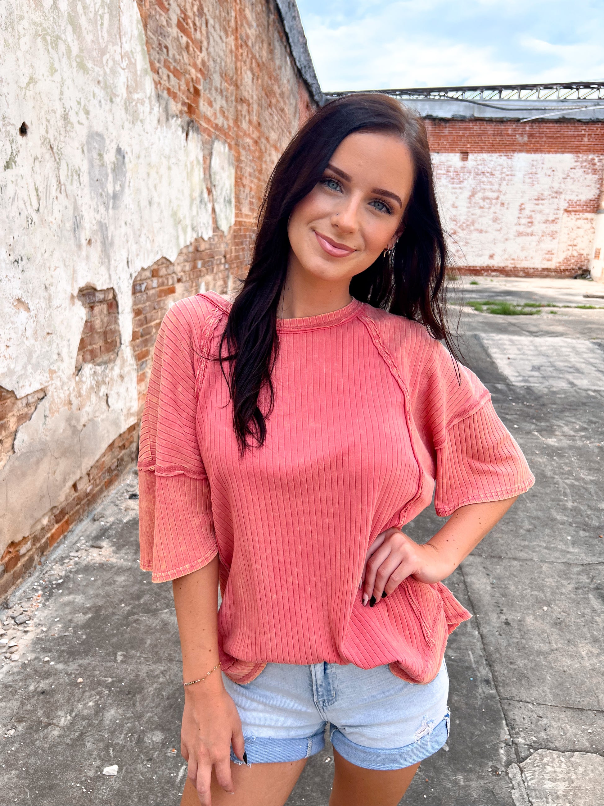 Cassie Mineral Washed Oversized Ribbed Knit Casual Top - Coral-VERY J-Bin d2,FD 06/10/25,Tops Collection-The Twisted Chandelier