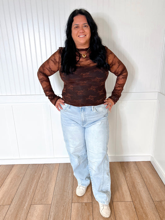 Lux Layering Floral Lace See Through Mesh Top Blouse | Brown-Sheer Top-Sewn and Seen-Bin C2,FD 03/18/25,Restock 01/29/26,rodeo,tops,Tops Collection-The Twisted Chandelier