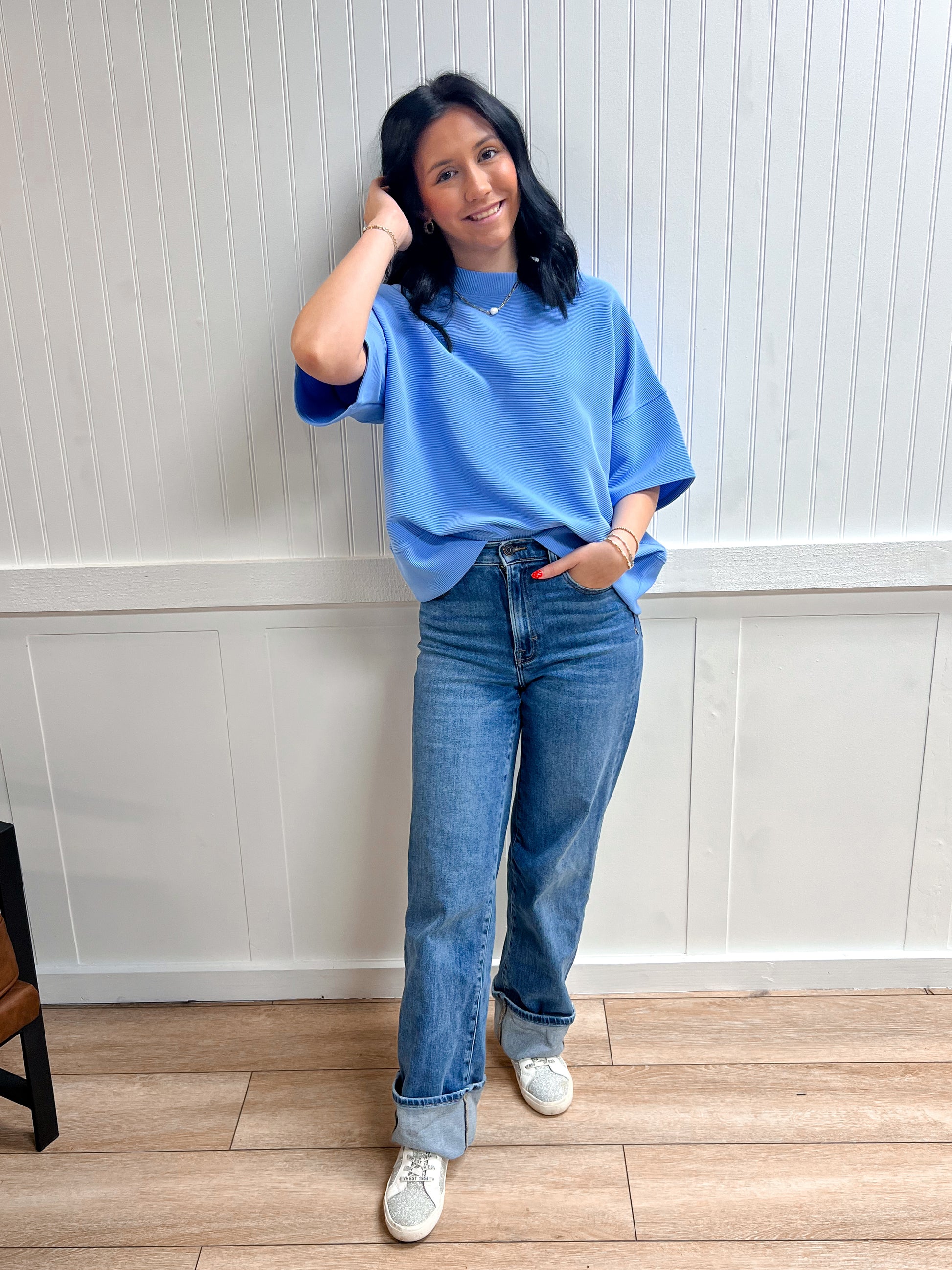 Kinsley Ribbed Round Neck Waist Banded Tee Shirts - Cornflower Blue-Zenana-FD 03/12/26,Tops Collection-The Twisted Chandelier