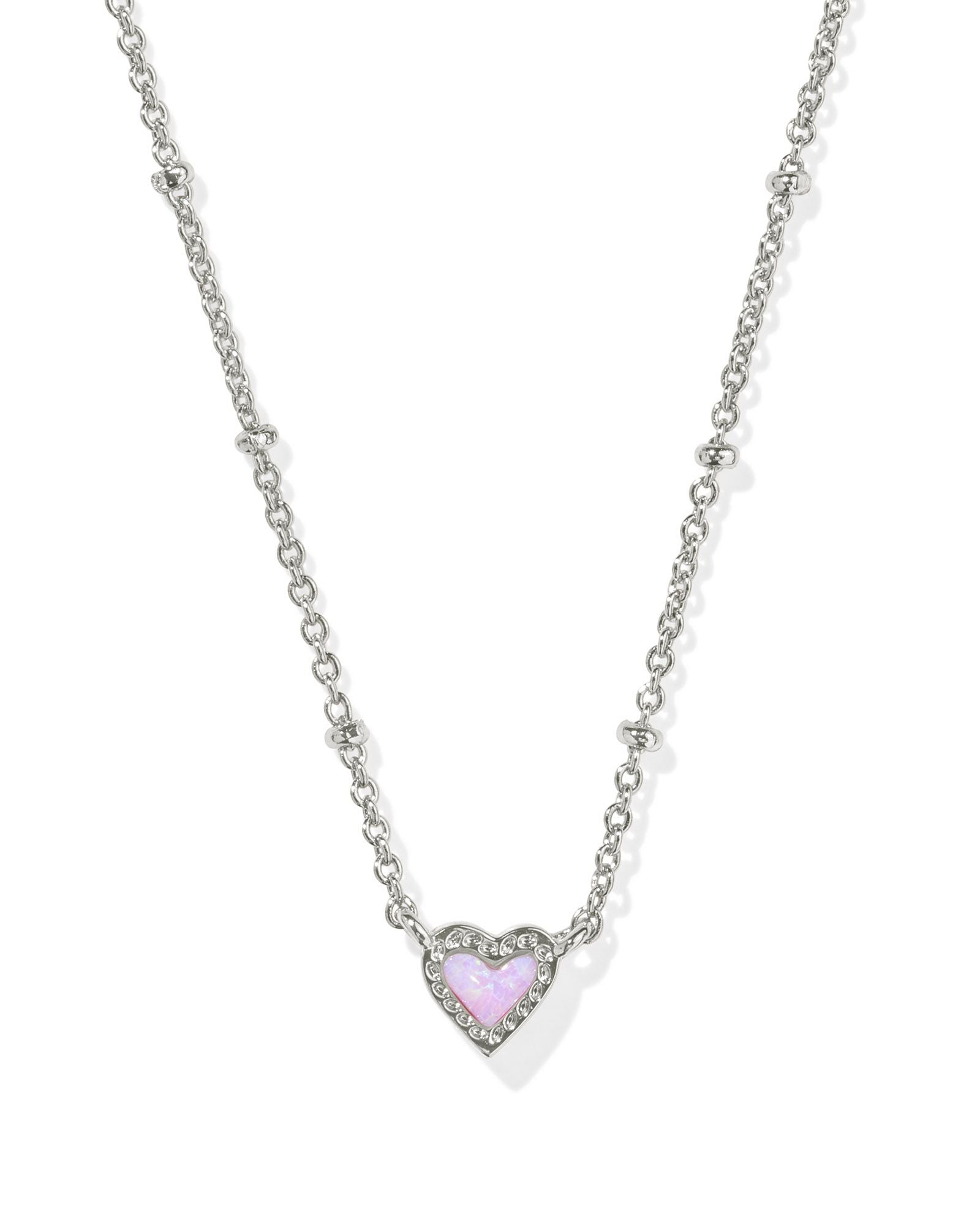Kendra Scott Mini Ari Heart Satellite Short Pendant Necklace Silver Bubblegum Pink Kyocera Opal-Necklaces-Kendra Scott-CR 09/30/24,FD 10/01/24,N00854RHD,Sale Kendra Scott-The Twisted Chandelier