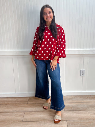 Audrey Ruffled Neckline Polka Dot Blouse-Top-jodifl-Fall Favorites,FD 08/04/26,gameday,Tops Collection-The Twisted Chandelier