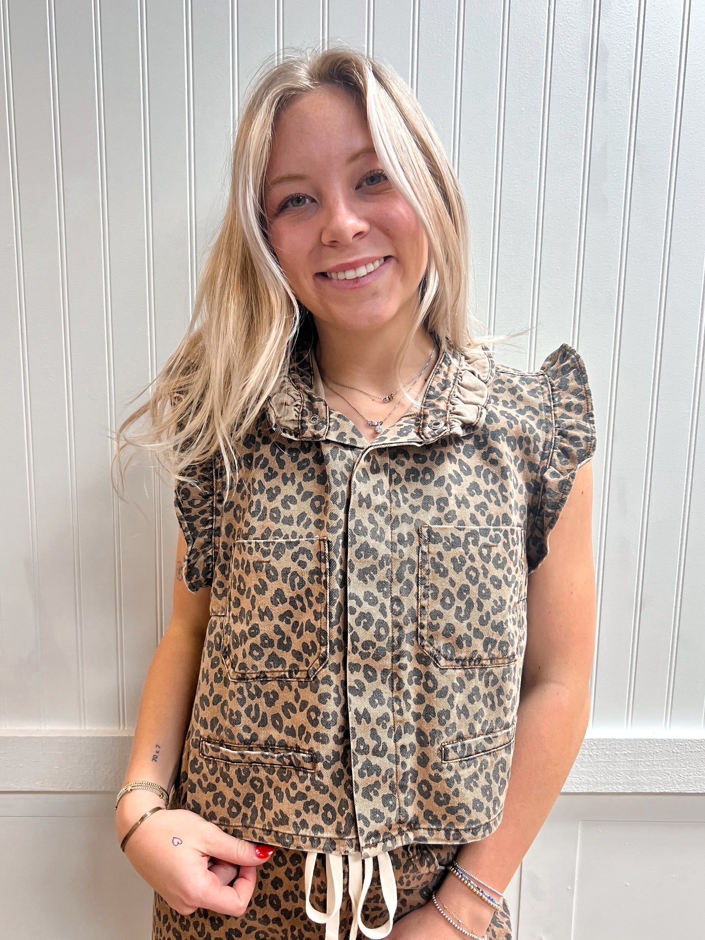 Monroe Ruffle Shoulder Leopard Printed Vest-NOABOA-FD 02/27/26,MS1025-1,Tops Collection-The Twisted Chandelier