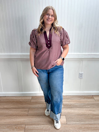 Ruby Gingham Puff Sleeve Top-Top-ENTRO-FD 07/06/26,Tops Collection-The Twisted Chandelier