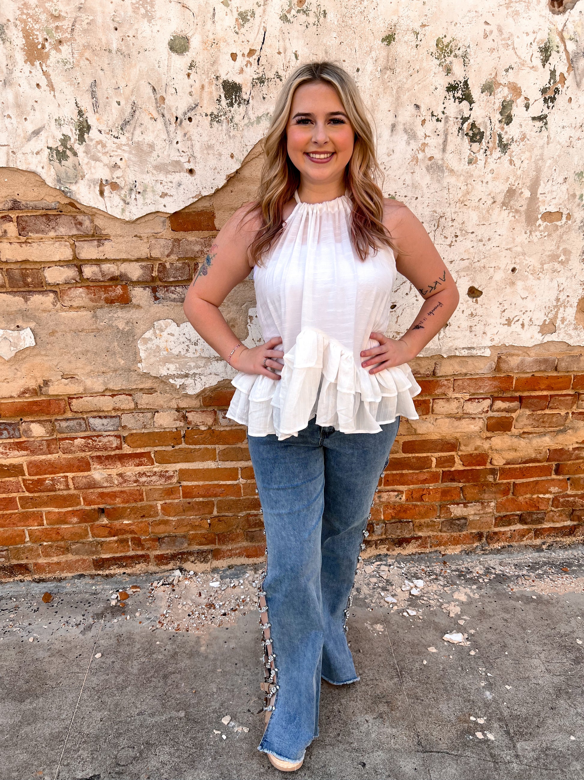 Mikayla Halter Ruffle Sleevless Blouse Top-Top-mazik-04/25,05/27/24,1st md,Bin D1,Max Retail,not on the floor only in the bins,Tops Collection-The Twisted Chandelier