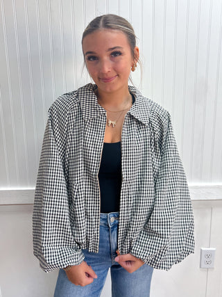 Greer Gingham Long Balloon Sleeves jacket-Jacket-ENTRO-FD 08/26/26,NewArrival,Tops Collection-The Twisted Chandelier