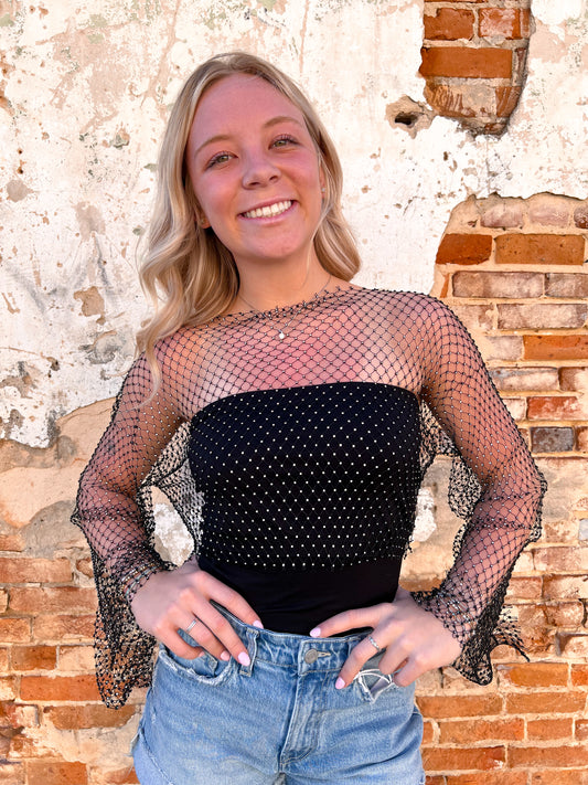 Rhinestone Embellished Fishnet Top - Black-Sheer Top-Sweetkama-Bin C2,FD 03/18/25,Tops Collection-The Twisted Chandelier