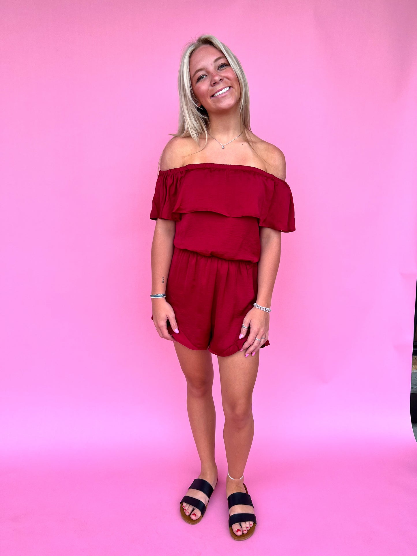 Mila Off The Shoulder Satin Romper-Romper-She & Sky-& Jumpsuits,08/18/24,1st md,Bin d2,DJR,Dresses,gameday,Max Retail,OGP 49.99,Rompers,SS8084-The Twisted Chandelier
