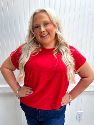 Addie Slub Cuffed Sleeve Tee - Plus - Ruby-Top-ZENANA-FD 08/05/26,gameday,Tops Collection-The Twisted Chandelier