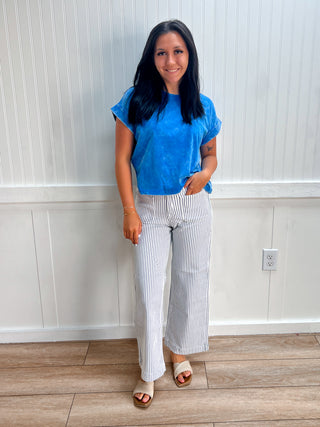Kendall Washed Cotton Cuffed Short Sleeve Top - Ocean Blue-Top-ZENANA-Fd 8/3/26,gameday,Tops Collection-The Twisted Chandelier