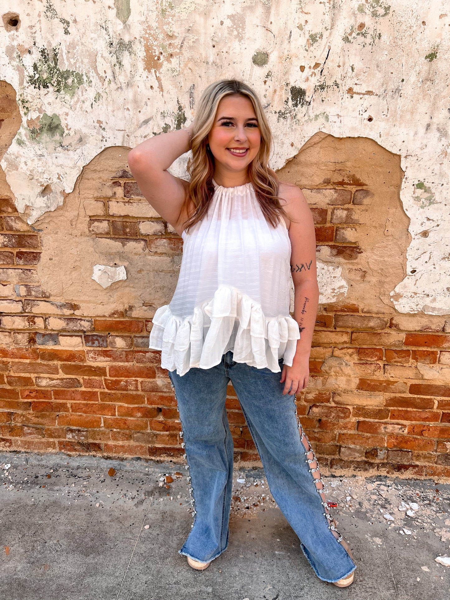 Mikayla Halter Ruffle Sleevless Blouse Top-Top-mazik-04/25,05/27/24,1st md,Bin D1,Max Retail,not on the floor only in the bins,Tops Collection-The Twisted Chandelier