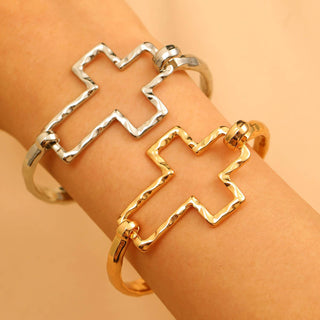 Hammered Open Cross Bangle - Silver or Gold | 40B5235-JOSSLYN by wall to wall-The Twisted Chandelier