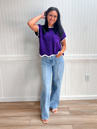 Peyton Drop Shoulder Short Sleeve Scallop Hem Sweater Top-Top-Vanilla Monkey-Fd 8/3/26,gameday,Tops Collection-The Twisted Chandelier