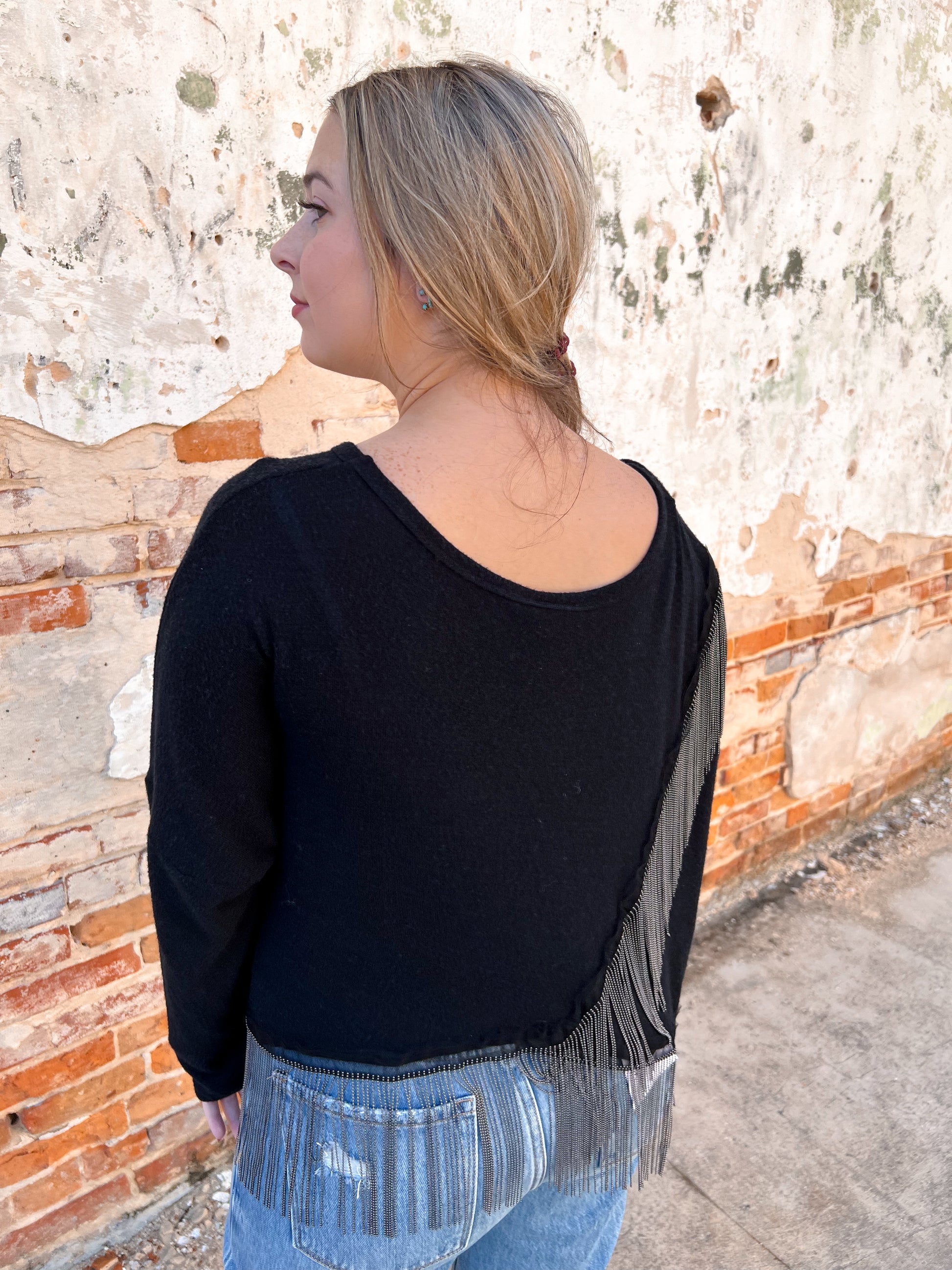 Juniper Black Sweater Metal Fringe Hem-Sweater-Vocal-$25 & Under Sale,20011L,Max Retail,Mystery L- jfc892,not on the floor only in totes,Tops Collection,Winter Tote T1-The Twisted Chandelier