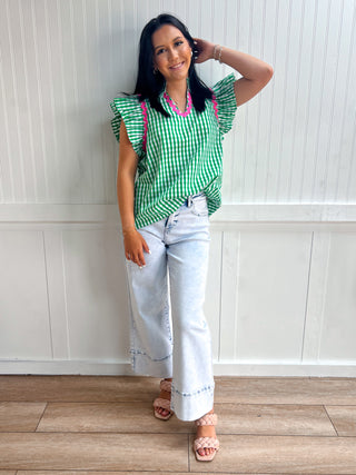 Eloise Check Print Flutter Sleeve Top-Top-Entro-FD 06/17/26,Tops Collection-The Twisted Chandelier
