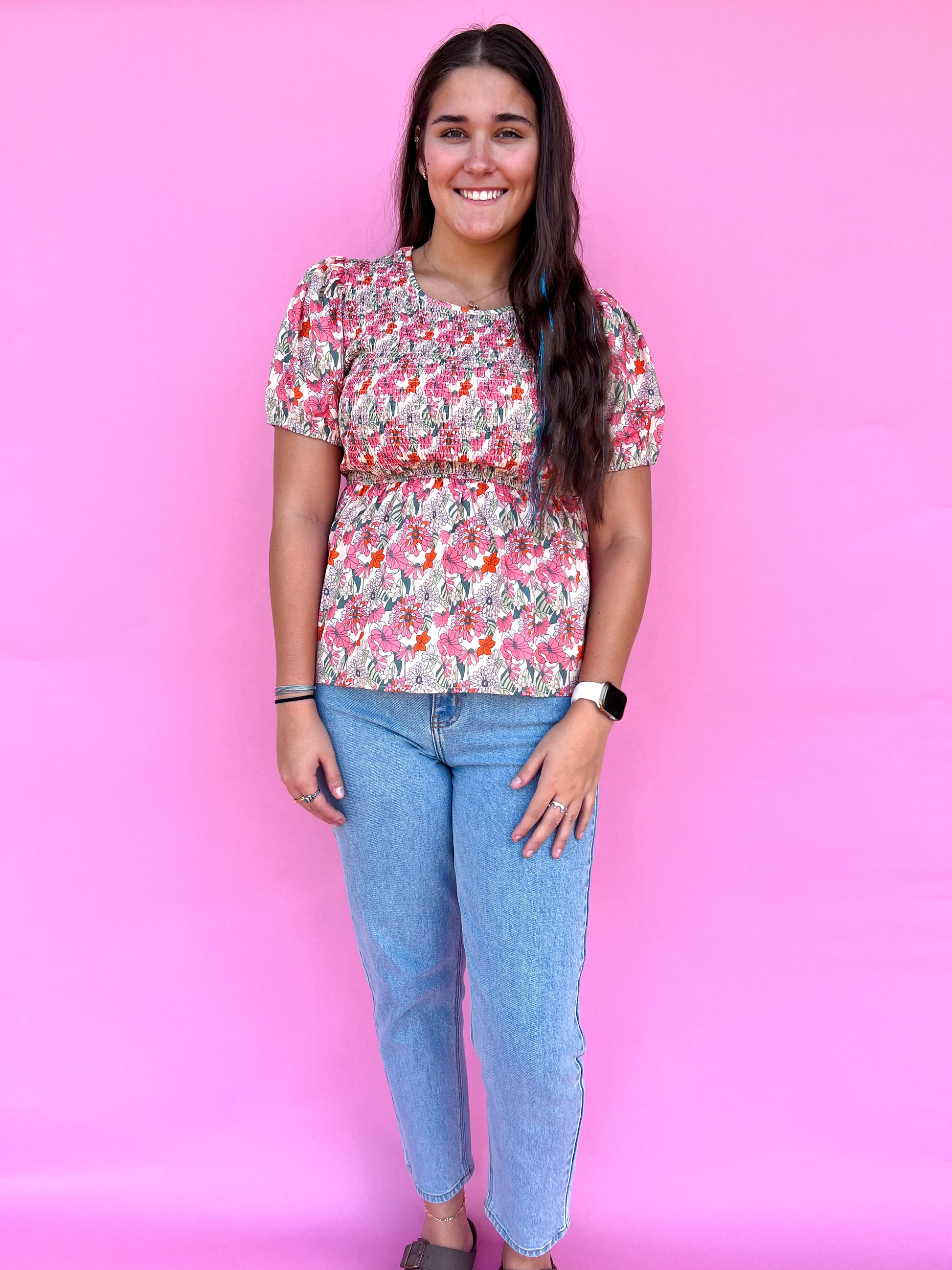 Floral Smocked Blouse-top-Southern Grace Wholesale-12/26/24,1st md,7896B,Bin D1,Max Retail,Tops Collection-The Twisted Chandelier