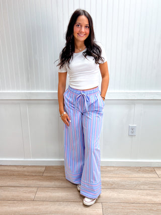 Haven Elastic Waist Multi Stripe Poplin Straight Long Pants-Pants-Active Basic | Active USA-bottoms,FD 05/12/26-The Twisted Chandelier