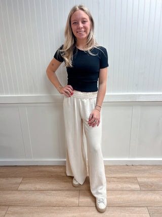 Wren Woven Airflow Elastic Waistband Pants - Sand Beige-Pants-ZENANA-bottoms,FD 03/12/26-The Twisted Chandelier