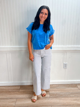 Kendall Washed Cotton Cuffed Short Sleeve Top - Ocean Blue-Top-ZENANA-Fd 8/3/26,gameday,Tops Collection-The Twisted Chandelier