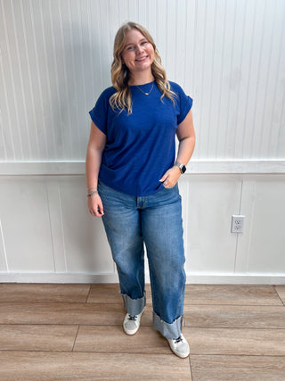 Addie Slub Cuffed Sleeve Tee - Navy-Top-ZENANA-FD 08/03/26,gameday,Tops Collection-The Twisted Chandelier