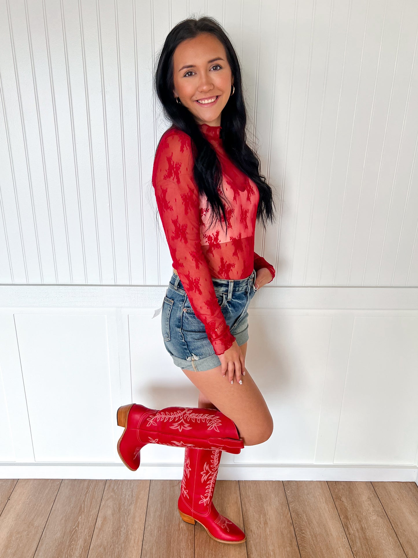 Lux Layering Floral Lace See Through Mesh Top Blouse | Red-Sheer Top-Sewn and Seen-rodeo,Tops Collection-The Twisted Chandelier