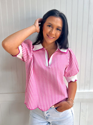 Caroline Gingham Short Puff Sleeve Top-Top-Entro-FD 06/17/26,Tops Collection-The Twisted Chandelier